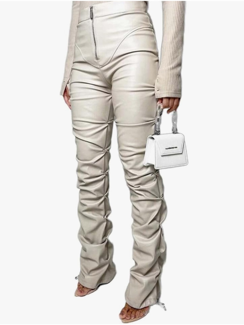 Maniere De Voir Tacked Vegan Leather Beige Cream Pants Size 8 - Picture 3 of 11